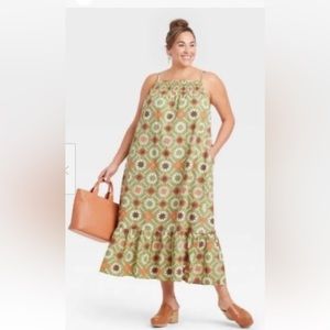 Universal Thread Boho Maxi Dress Sz 4X Green Quilt Pattern Sleeveless Ruffle Hem